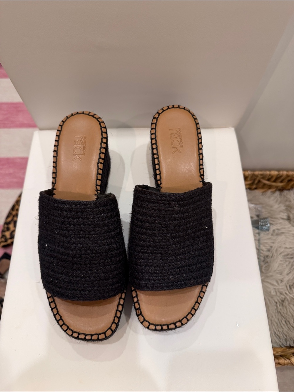 Black Woven Slide Mules with Tan Footbed